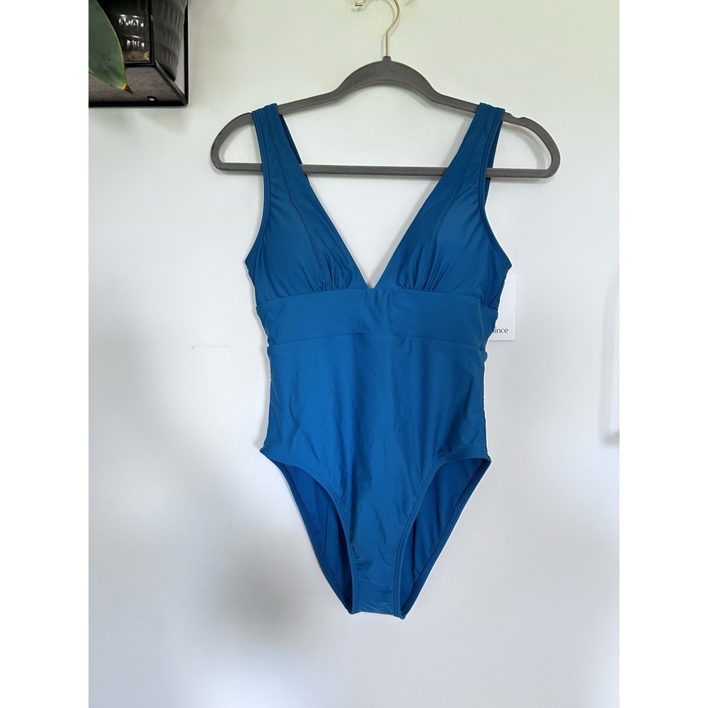 NWT Quince Lagoon Teal Blue Italian Plunge One-Piece Swimsuit Small - Picture 3 of 5